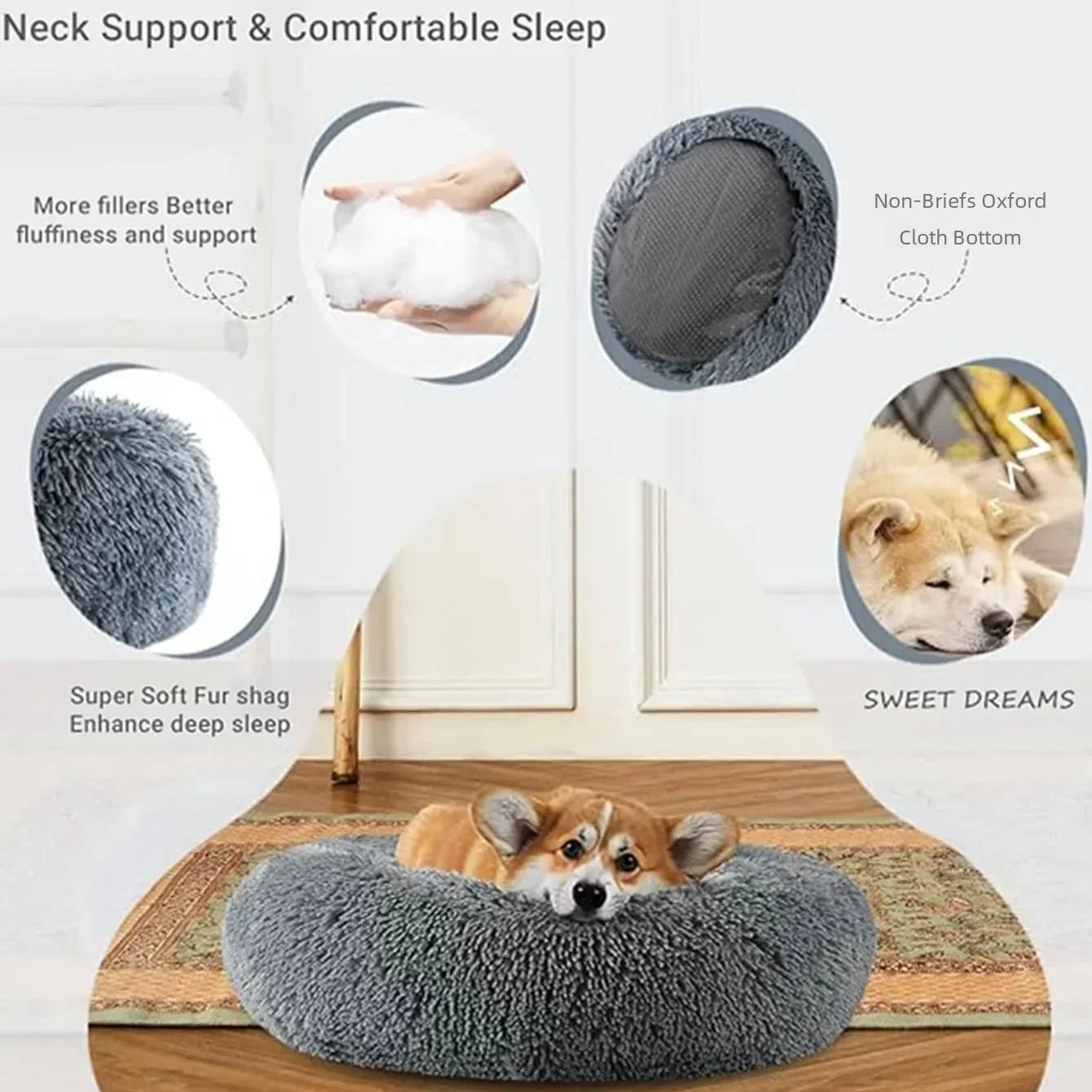 Different sizes of round pet beds laid out